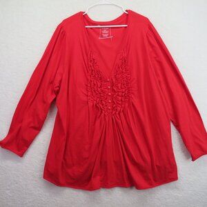 Lane‎ Bryant Shirt Womens Size 26 Red Long Sleeve Ruffle Front Yoke V Neck